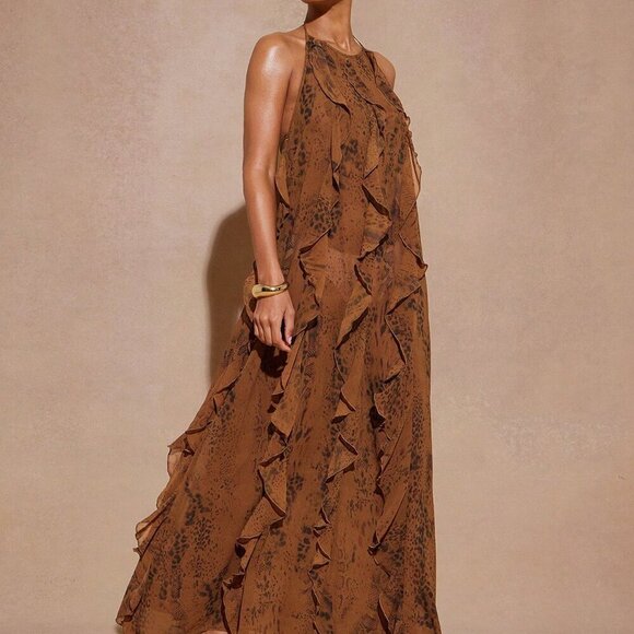 Mocha Brown Casual Women's Maxi Dress Halter Neck Sleeveless Ruffled Party Dress - Picture 4 of 5